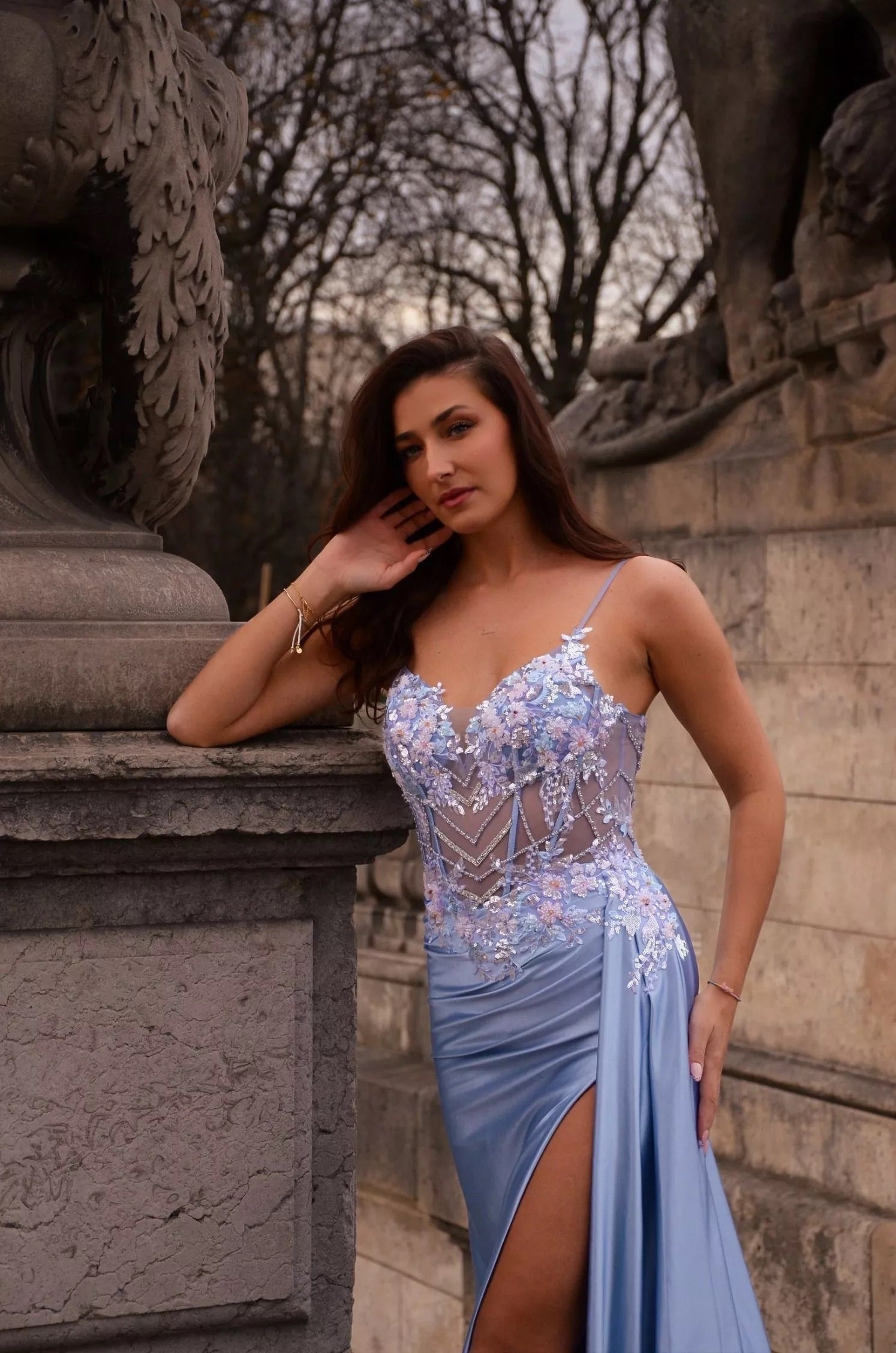 Delicate floral embroidery Bodice with HighSlit Dress