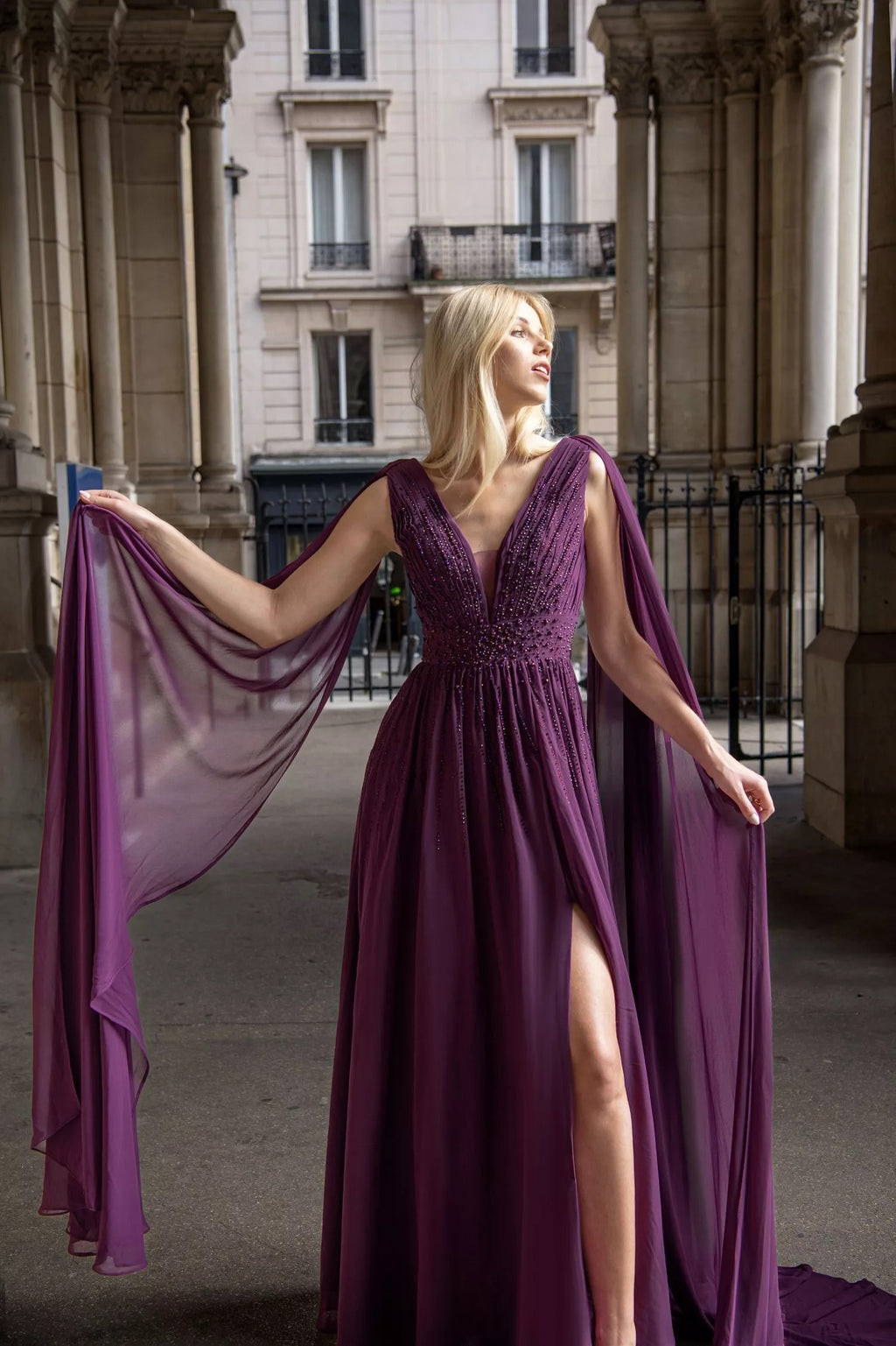 Hand-applied shimmering embroidery flowing silhouette