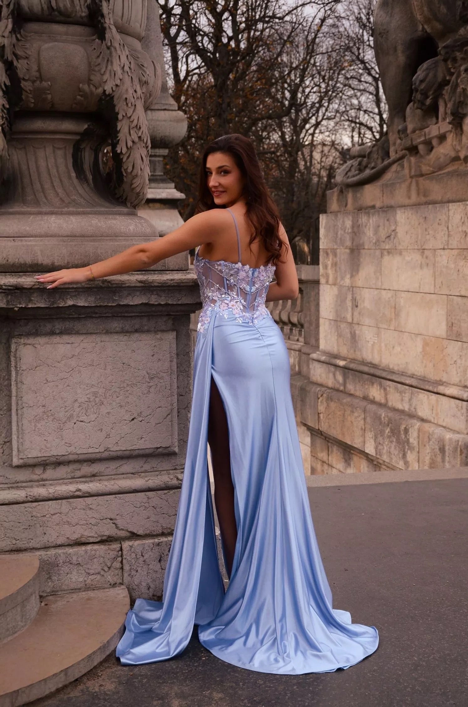 Delicate floral embroidery Bodice with HighSlit Dress