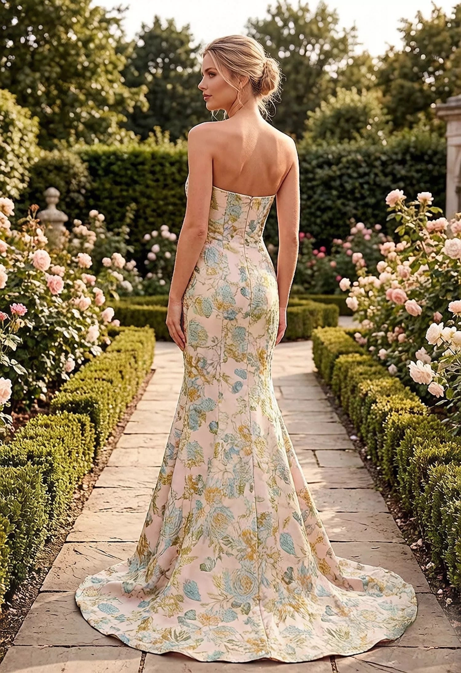 Jacquard long dress  adorned with an intricate floral print