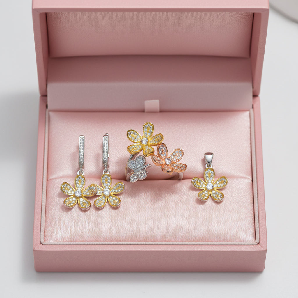 925 Sterling Silver with 18kGold plated Flower Set