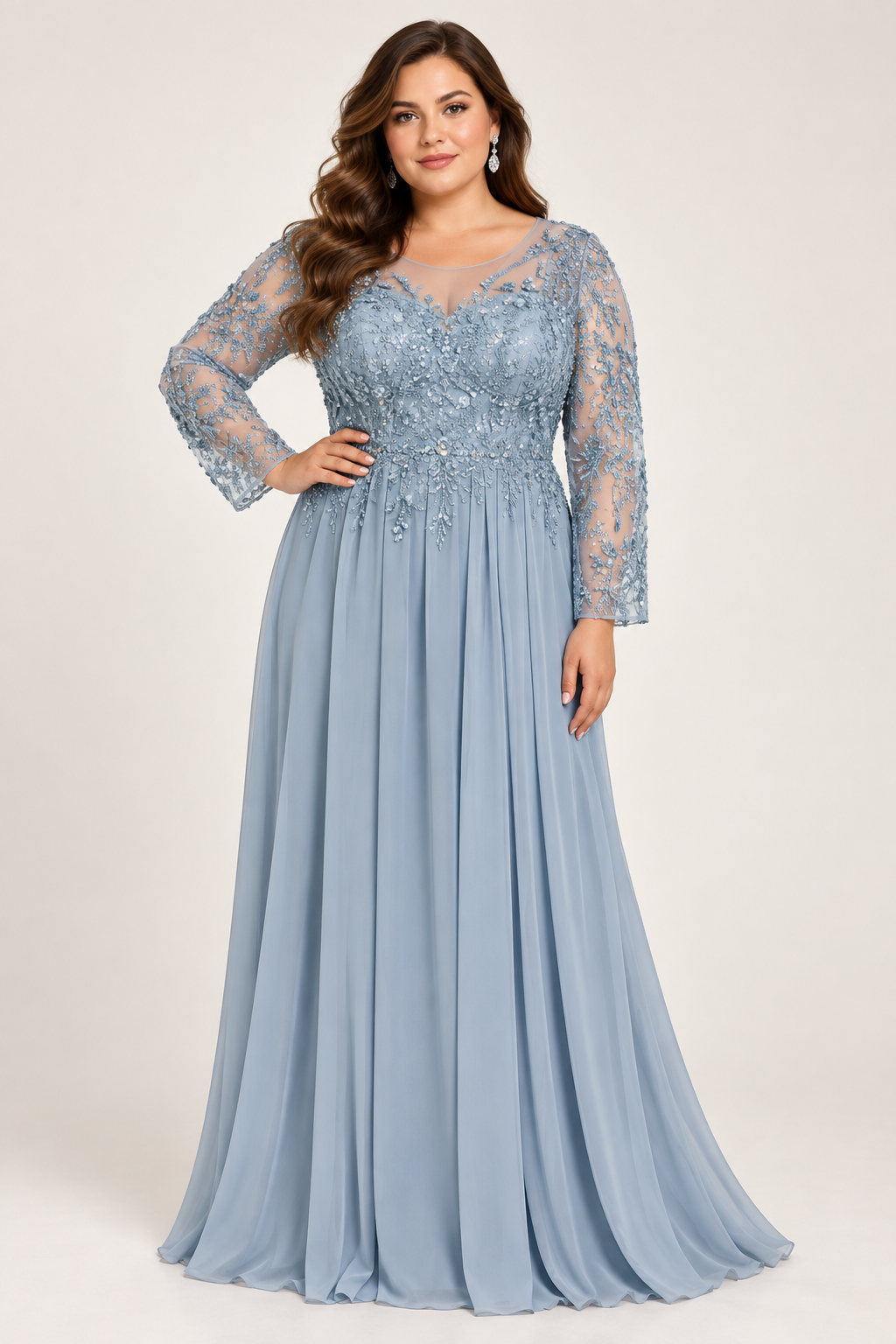 Long sleeve Sky Blue Chiffon dress