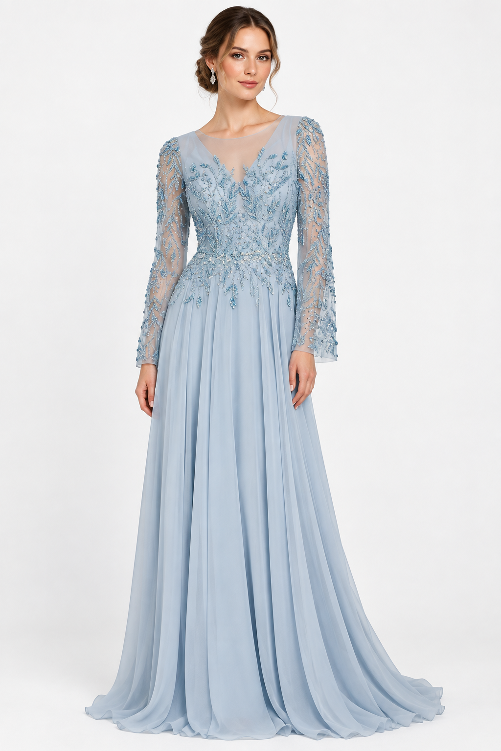 Long sleeve Sky Blue Chiffon dress
