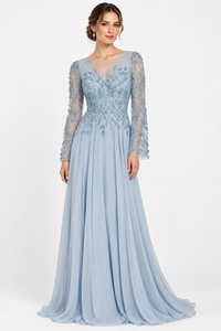 Long sleeve Sky Blue Chiffon dress
