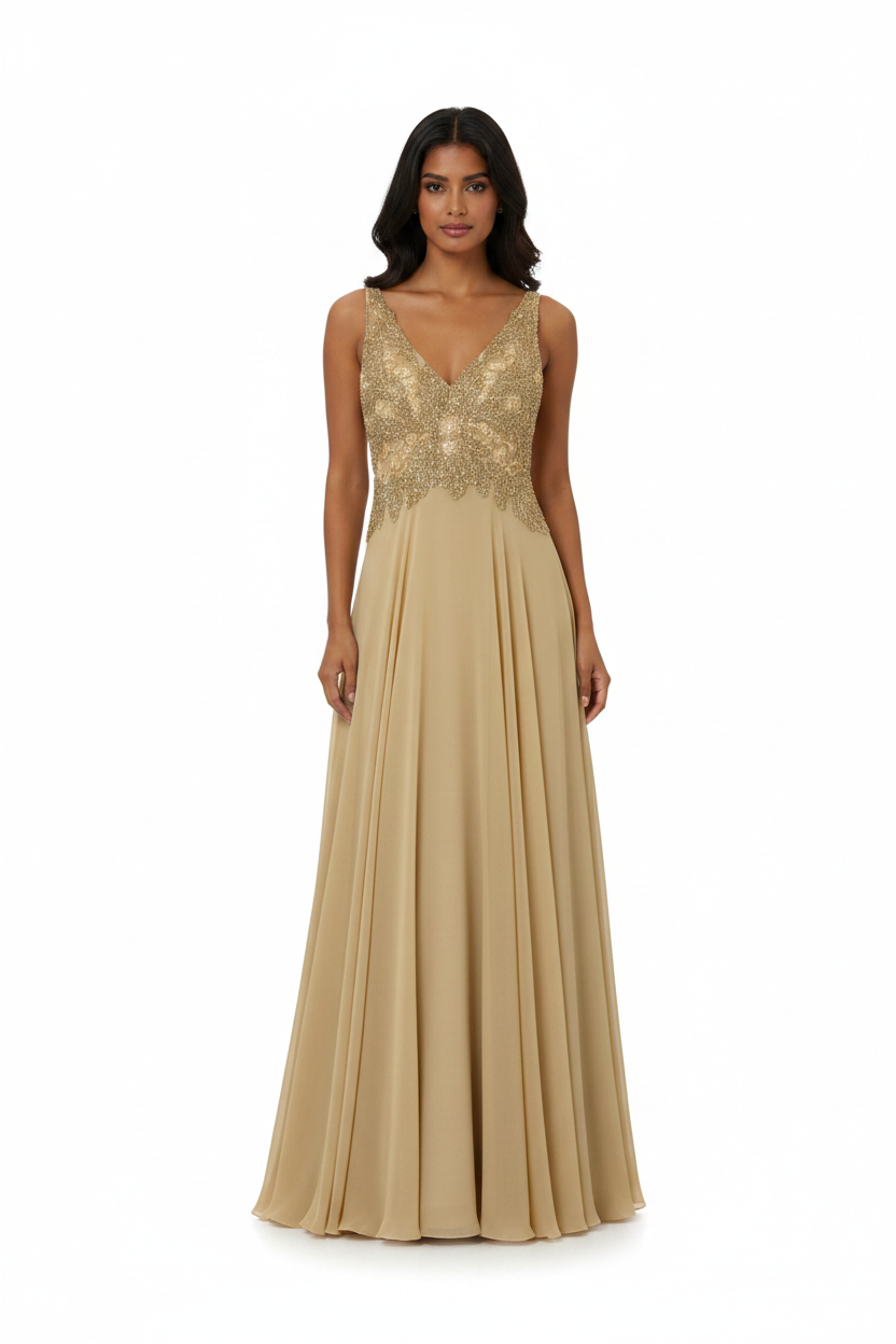 Gold chiffon dress with lace