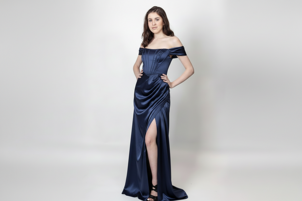 Structured corset floor length satin gown
