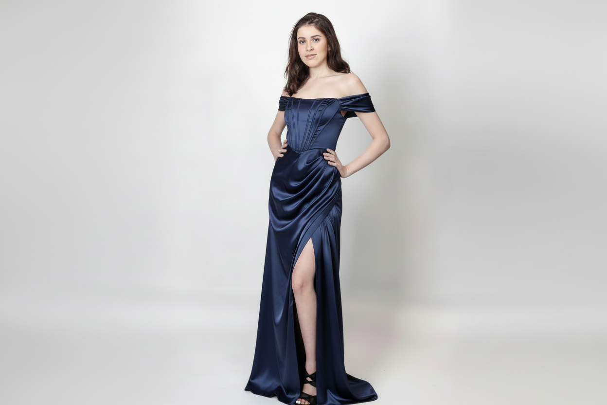 Structured corset floor length satin gown