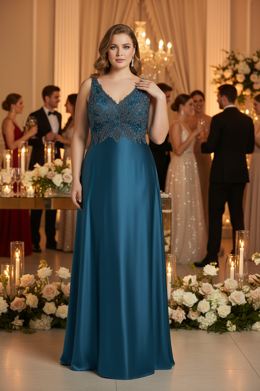 Elegant beaded bodice Satin Dress dress