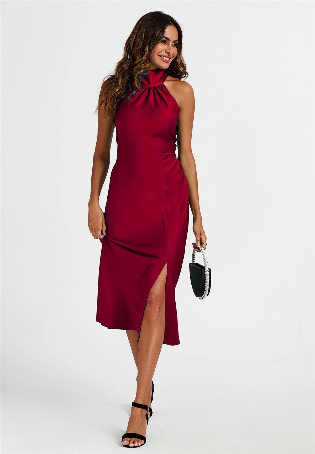 Satin Halter Neck Tie Back Midi Dress