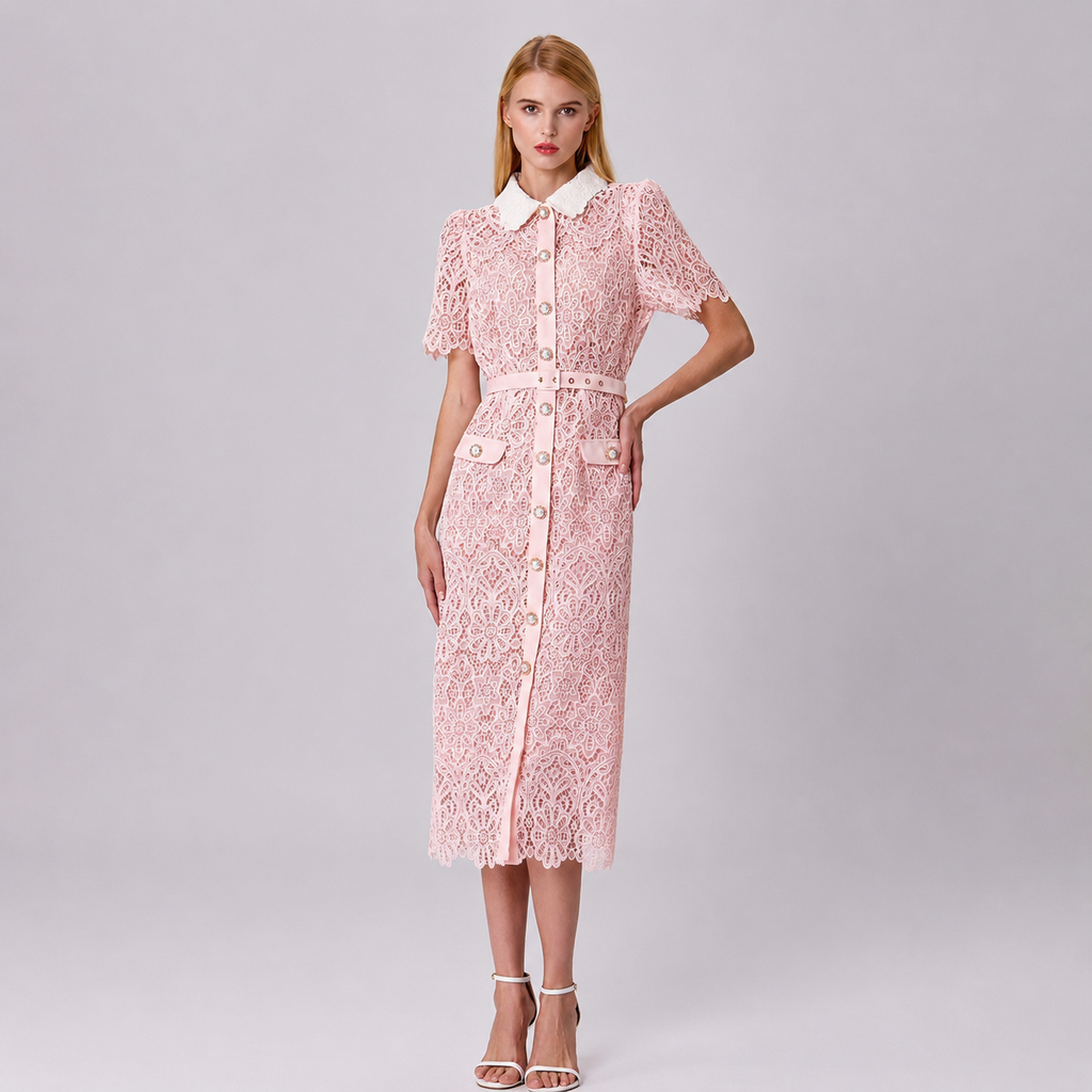 Buttoned dress in sheer lace: Rose