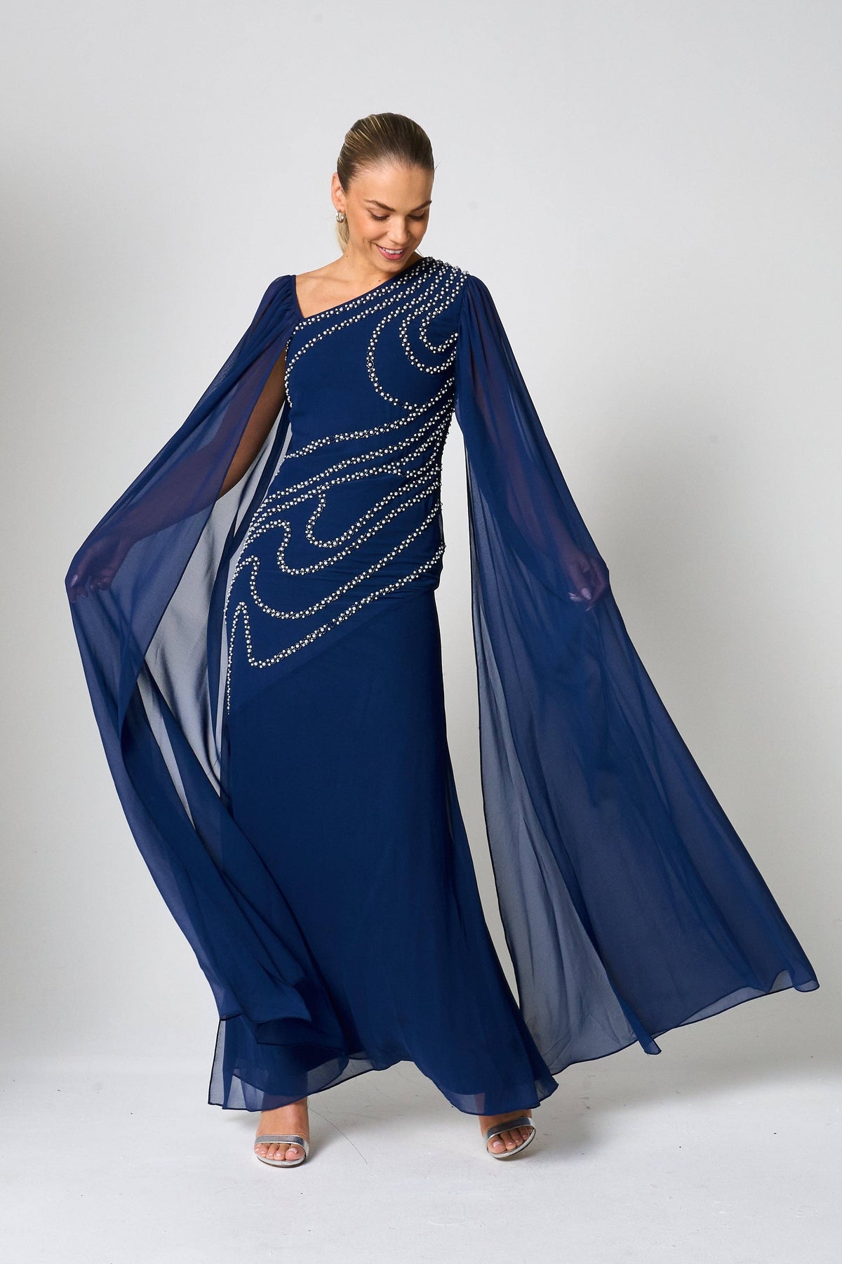 Patricia Navy Embellished Cape Sleeve Maxi Dress