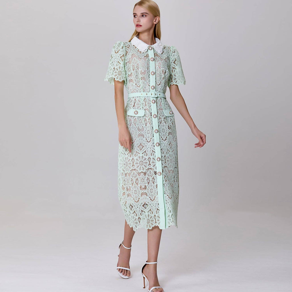 Buttoned dress in sheer lace: Rose / FR 40