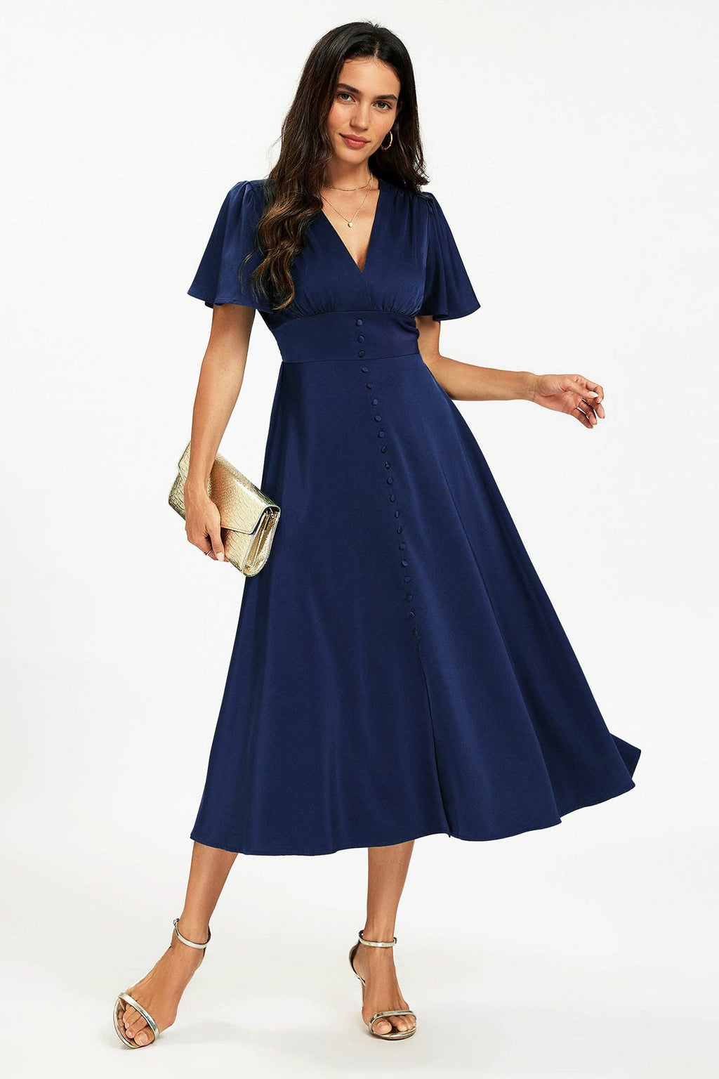 Satin-Midikleid mit V-Ausschnitt und Knopfleiste in Navy