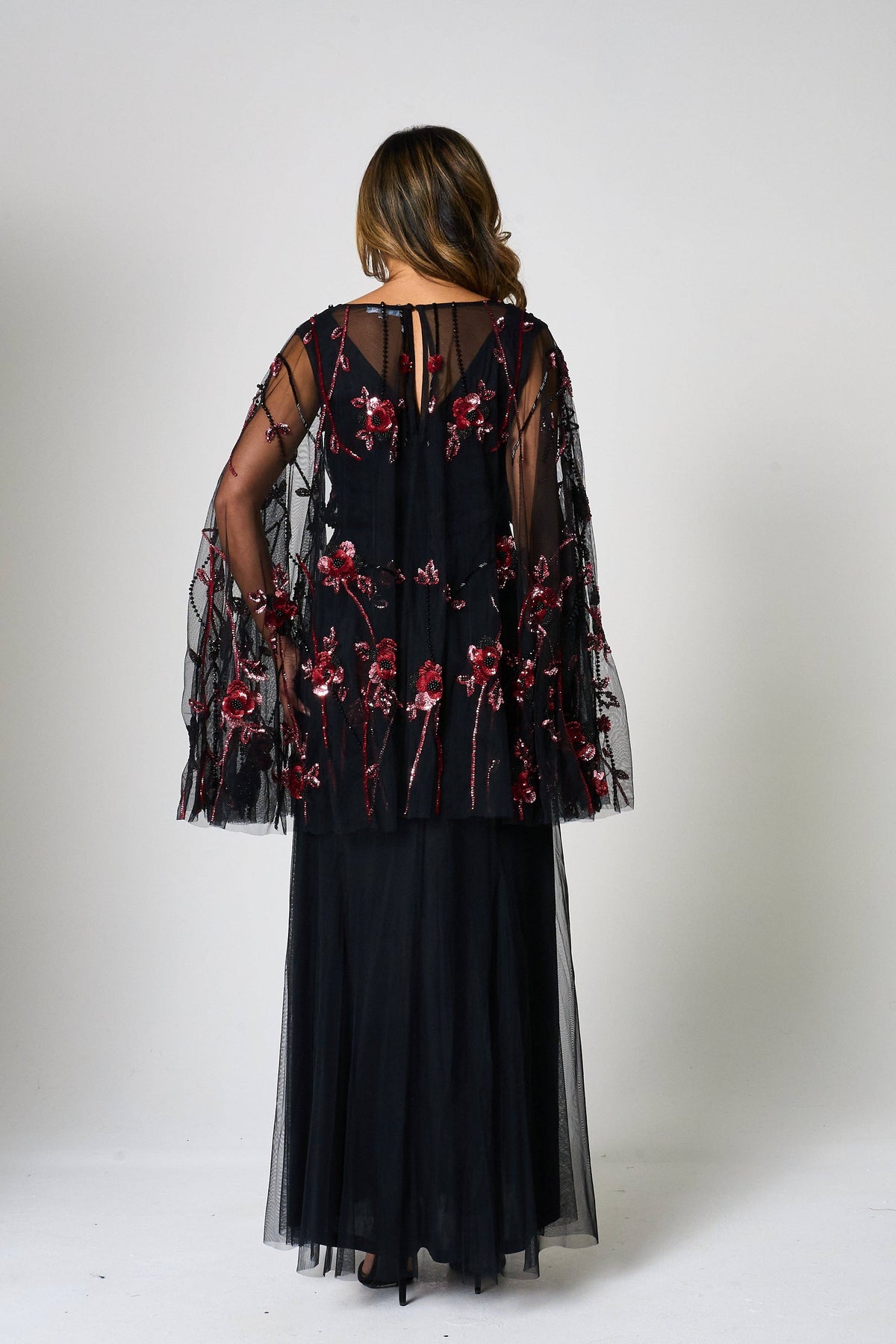 Zola Black Floral Embellished Cape Maxi Dress