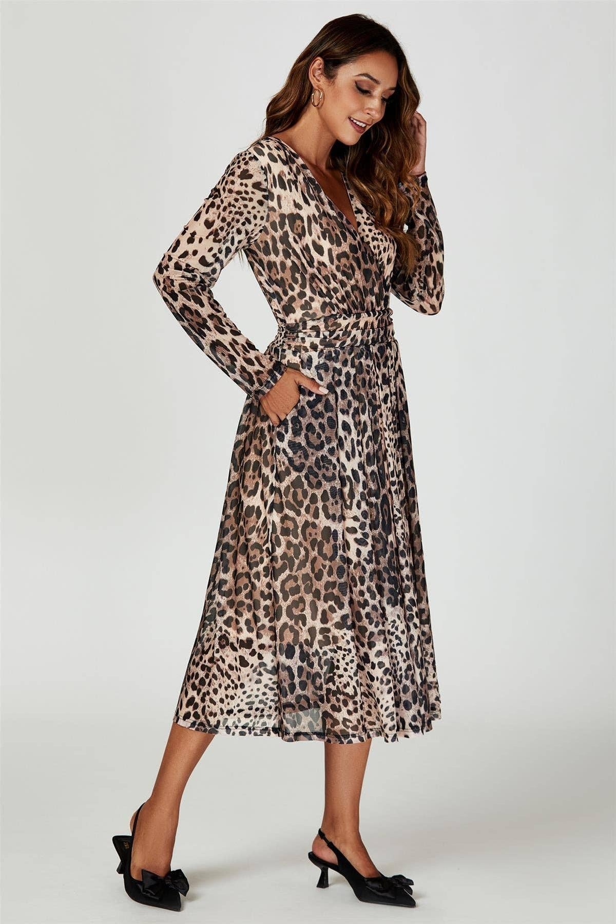 Leopard Print Mesh Midi Dress In Brown