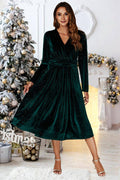 Silver Sparkly Velvet Wrap Top Midi Dress In Green