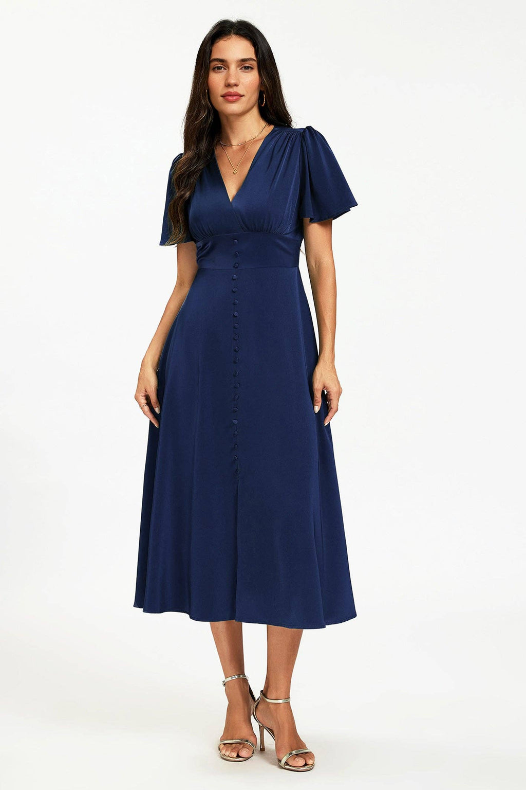 Satin-Midikleid mit V-Ausschnitt und Knopfleiste in Navy