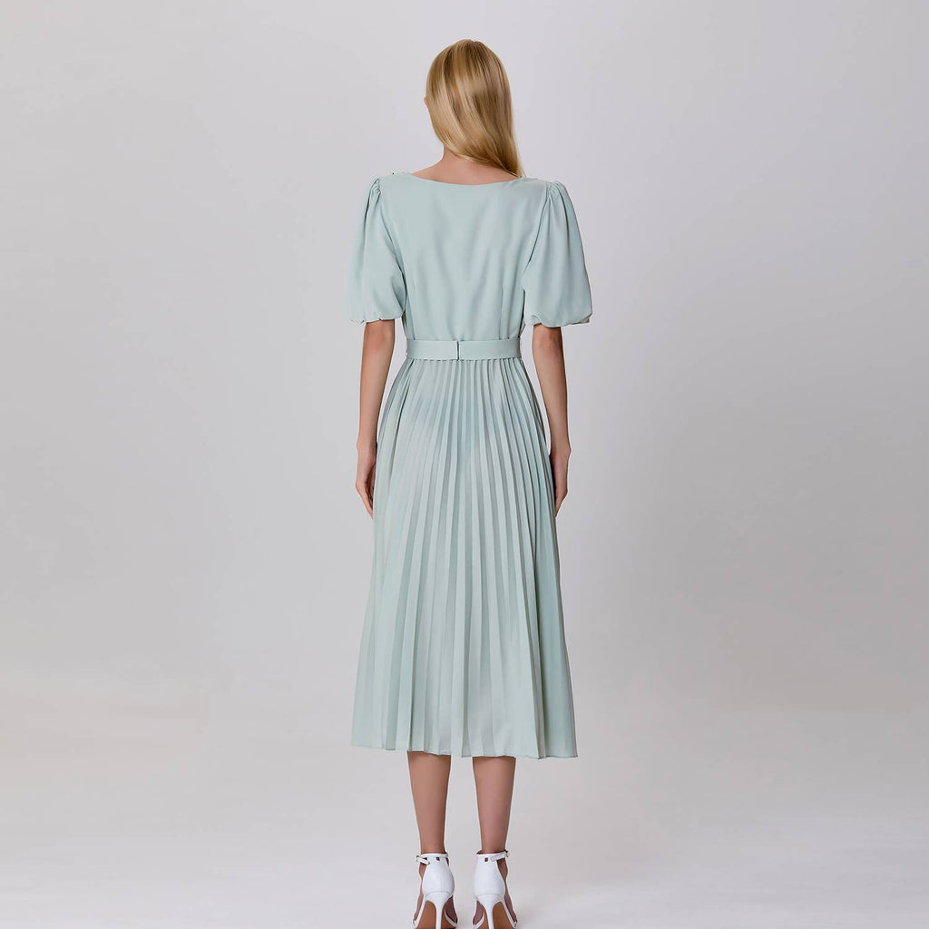 Pleated and embroidered shirt dress