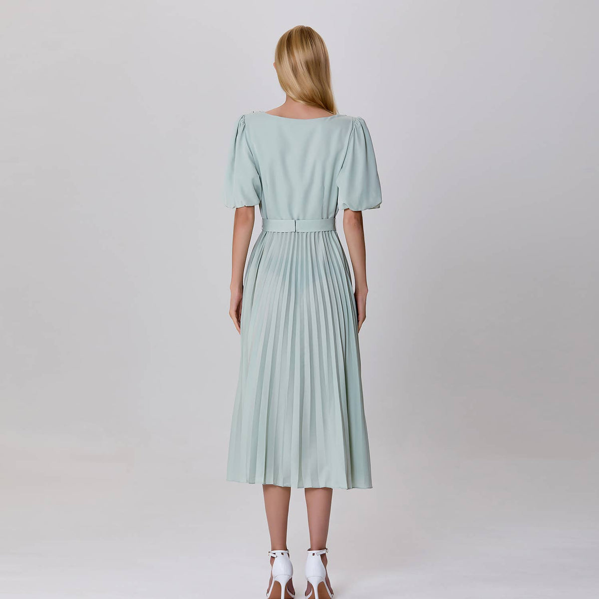 Pleated and embroidered shirt dress