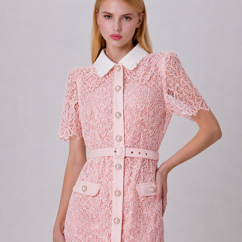 Buttoned dress in sheer lace