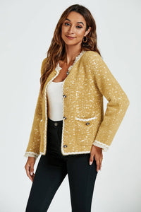 FS Collection (Germany) - Leopard Pattern Lace Trim Boucle Jacket in Yellow