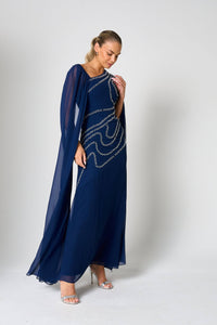 Patricia Navy Embellished Cape Sleeve Maxi Dress