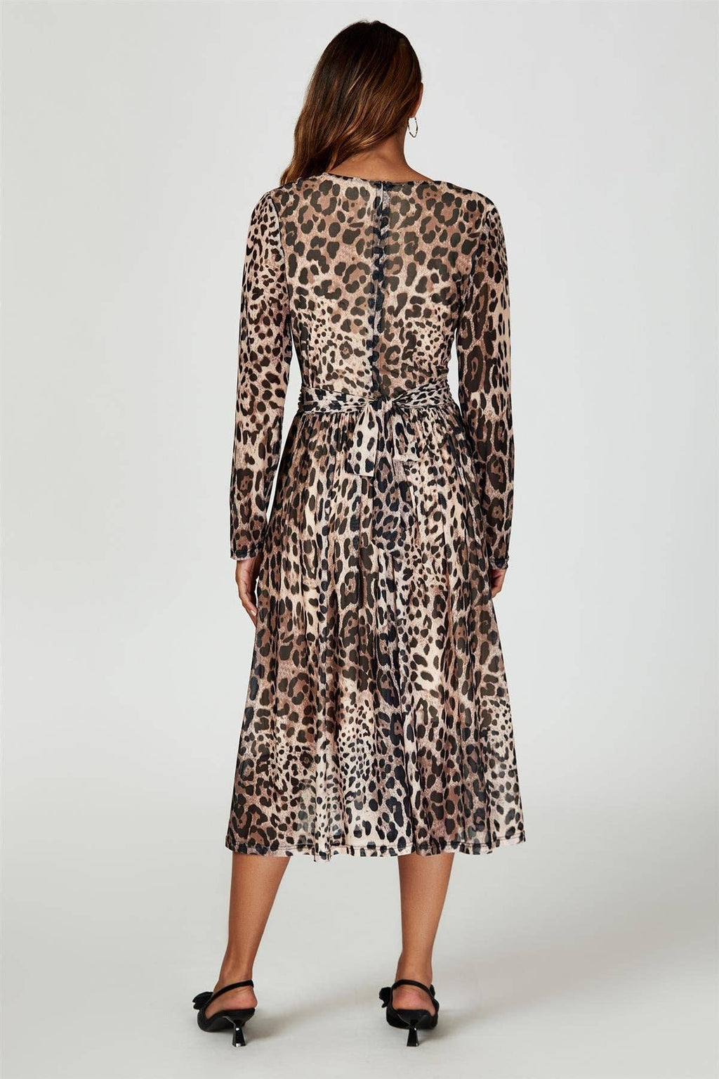 Leopard Print Mesh Midi Dress In Brown