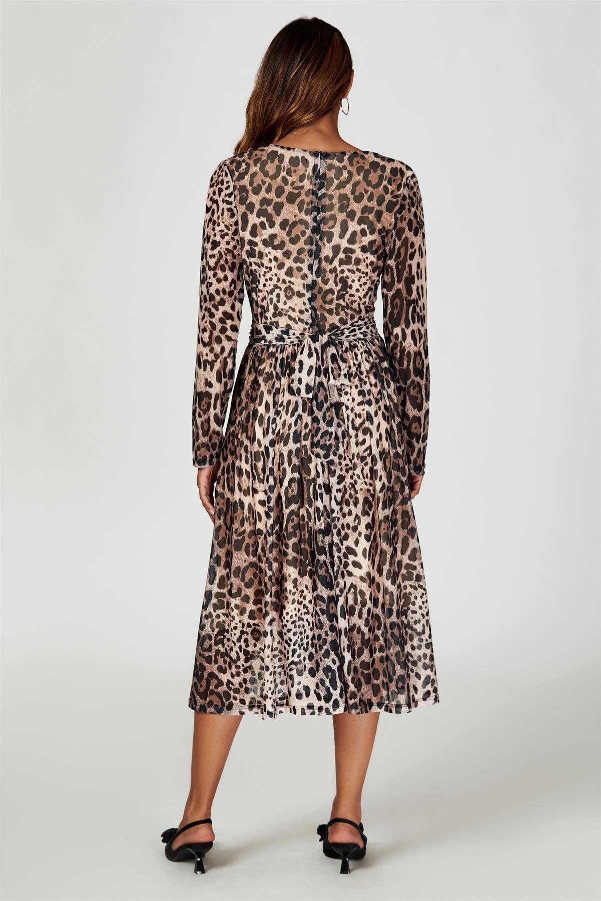 Leopard Print Mesh Midi Dress In Brown