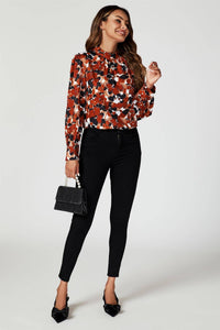 Floral Print Long Sleeve High Neck Top In Rust