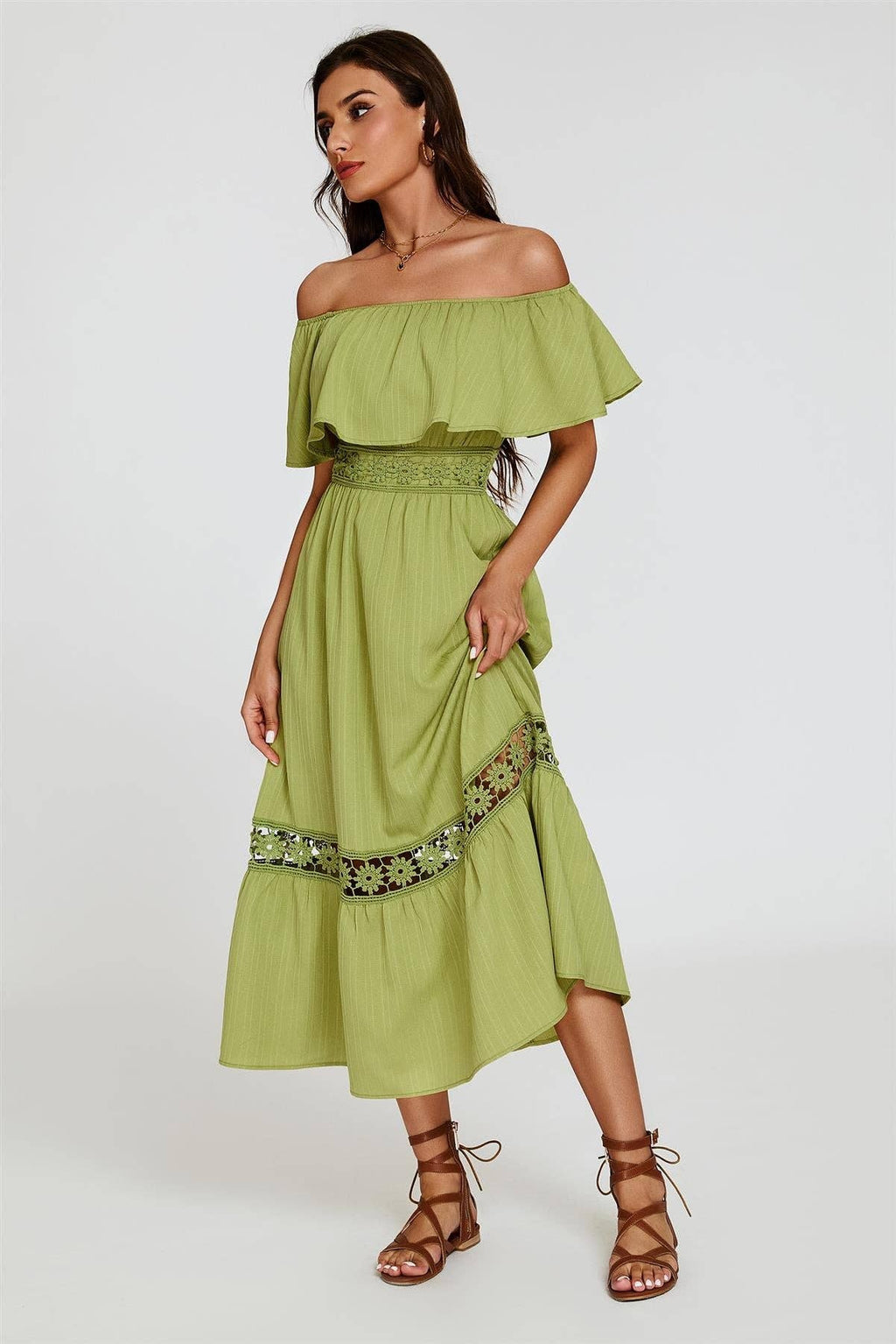 Lace Detail Bardot Maxi Dress In Green
