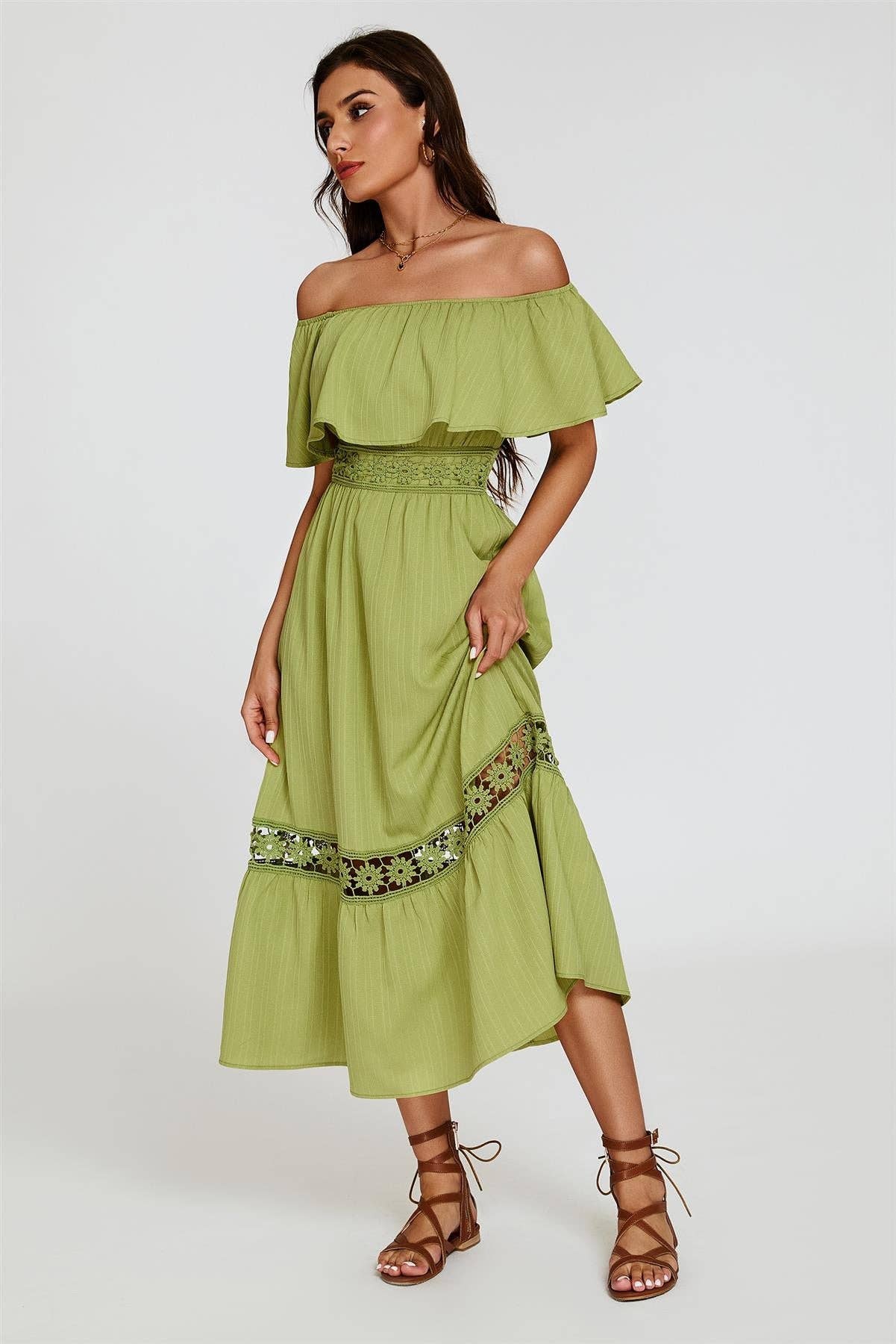Lace Detail Bardot Maxi Dress In Green