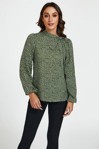 Floral Print Side Tie Blouse Top In Olive