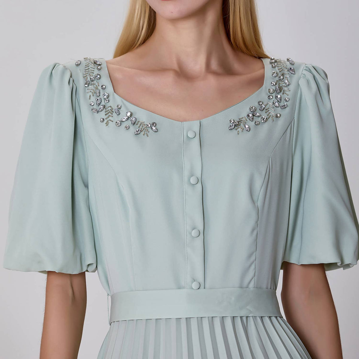 Pleated and embroidered shirt dress