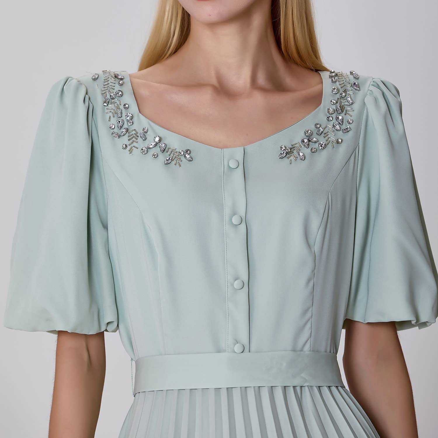 Pleated and embroidered shirt dress