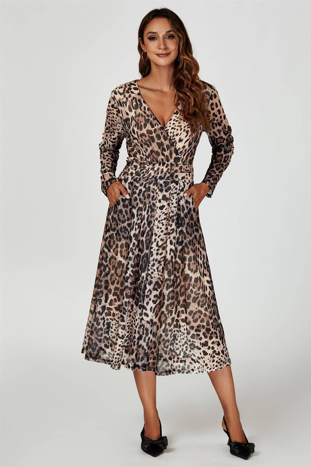Leopard Print Mesh Midi Dress In Brown
