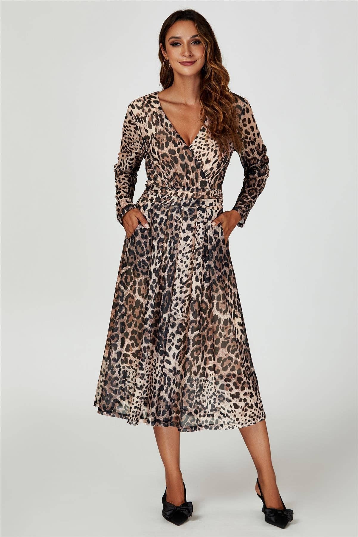 Leopard Print Mesh Midi Dress In Brown