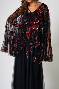 Zola Black Floral Embellished Cape Maxi Dress