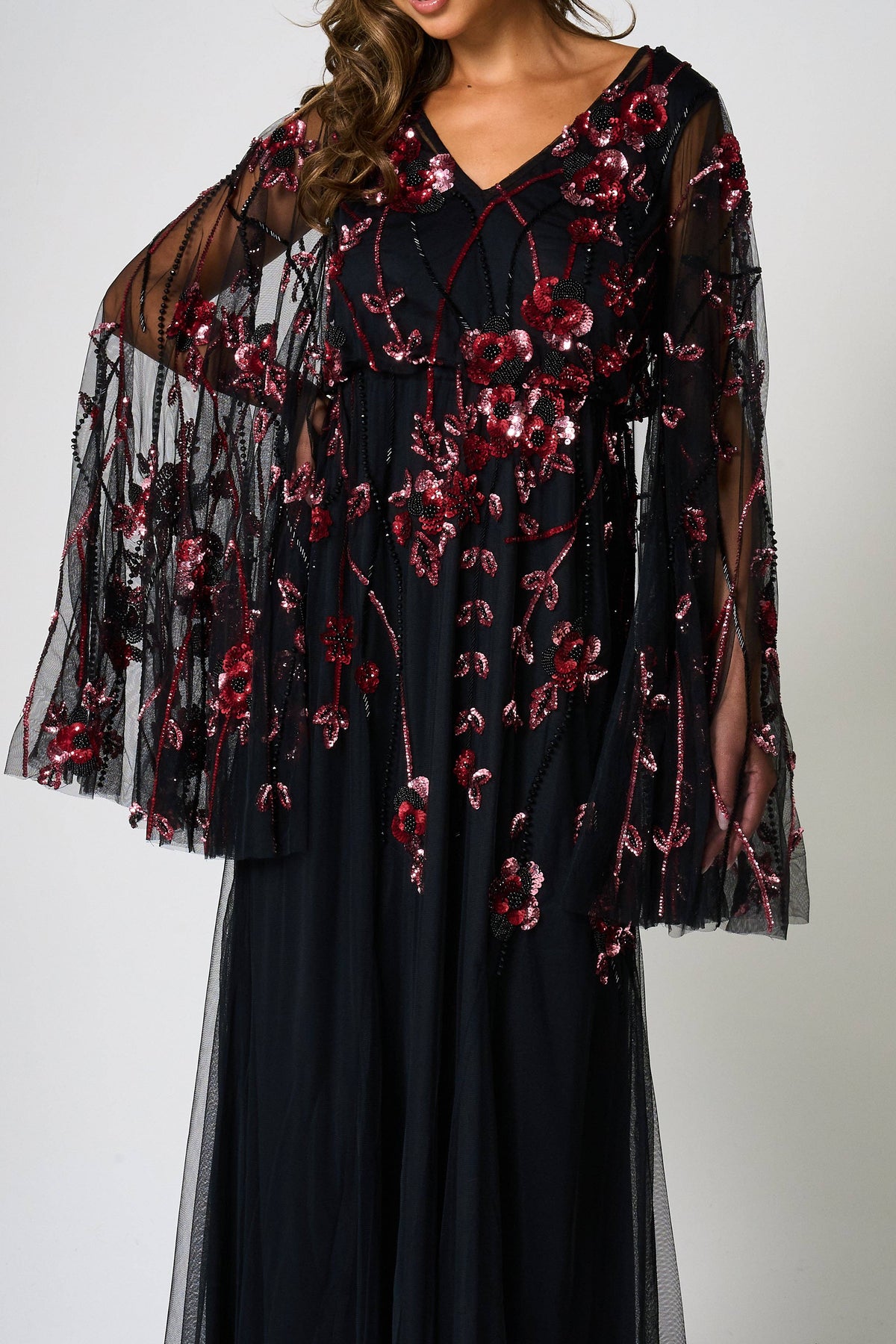 Zola Black Floral Embellished Cape Maxi Dress