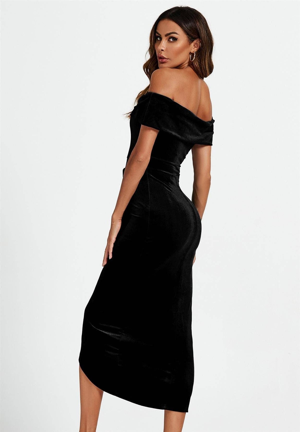 Off Shoulder Velvet Midi Dress In Black