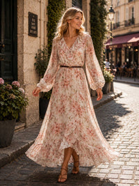Boho Chic Long Floral Flowing Dress with Belt