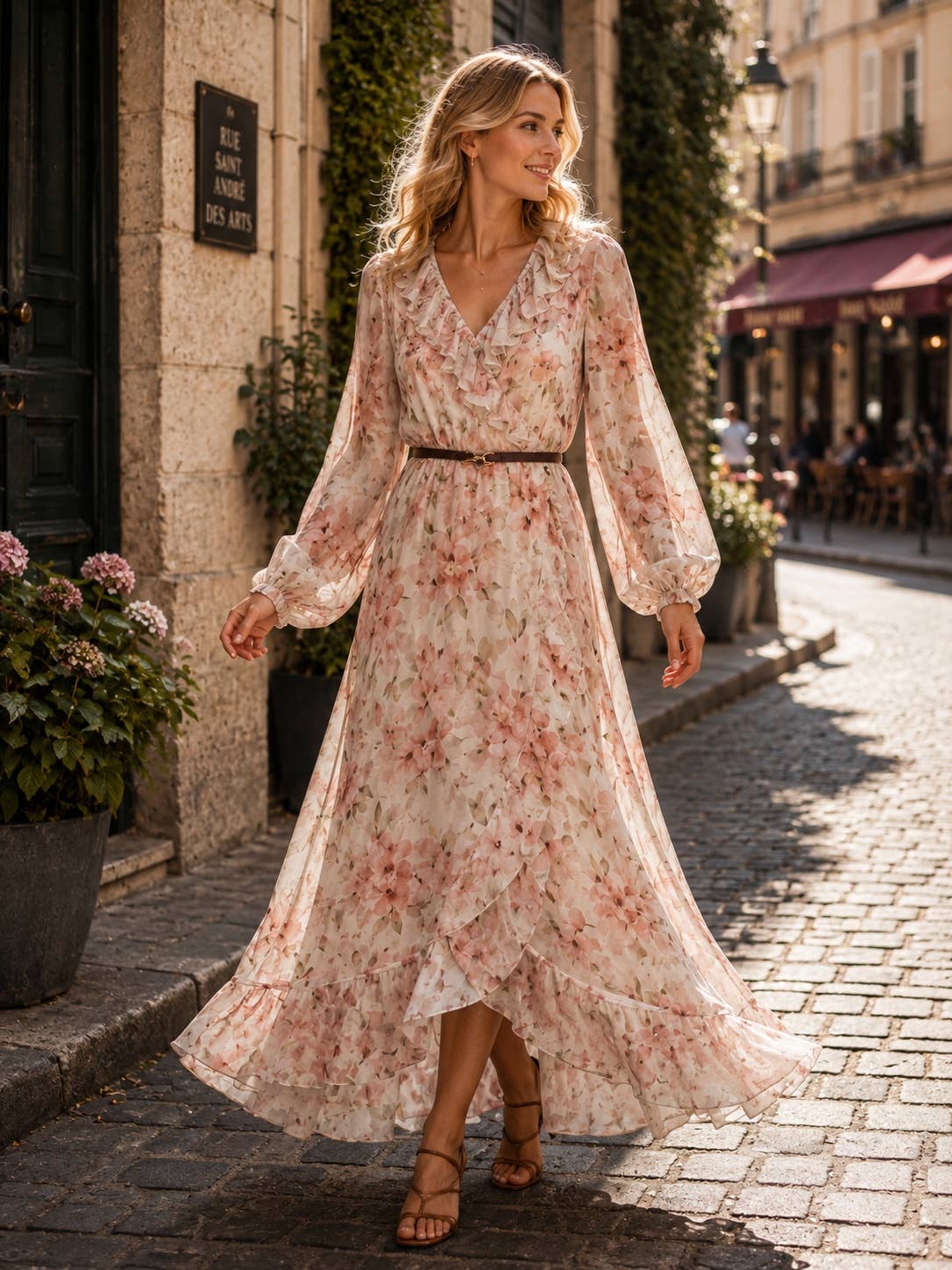 Boho Chic Long Floral Flowing Dress with Belt