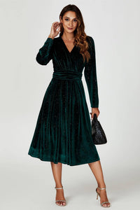 Silver Sparkly Velvet Wrap Top Midi Dress In Green