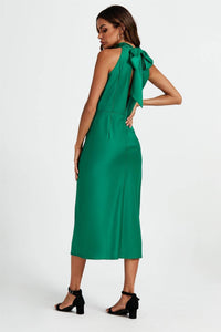 Satin Halter Neck Tie Back Midi Dress