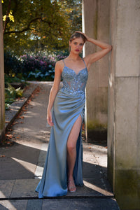 Elegant long satin dress with high leg slit