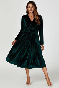 Silver Sparkly Velvet Wrap Top Midi Dress In Green