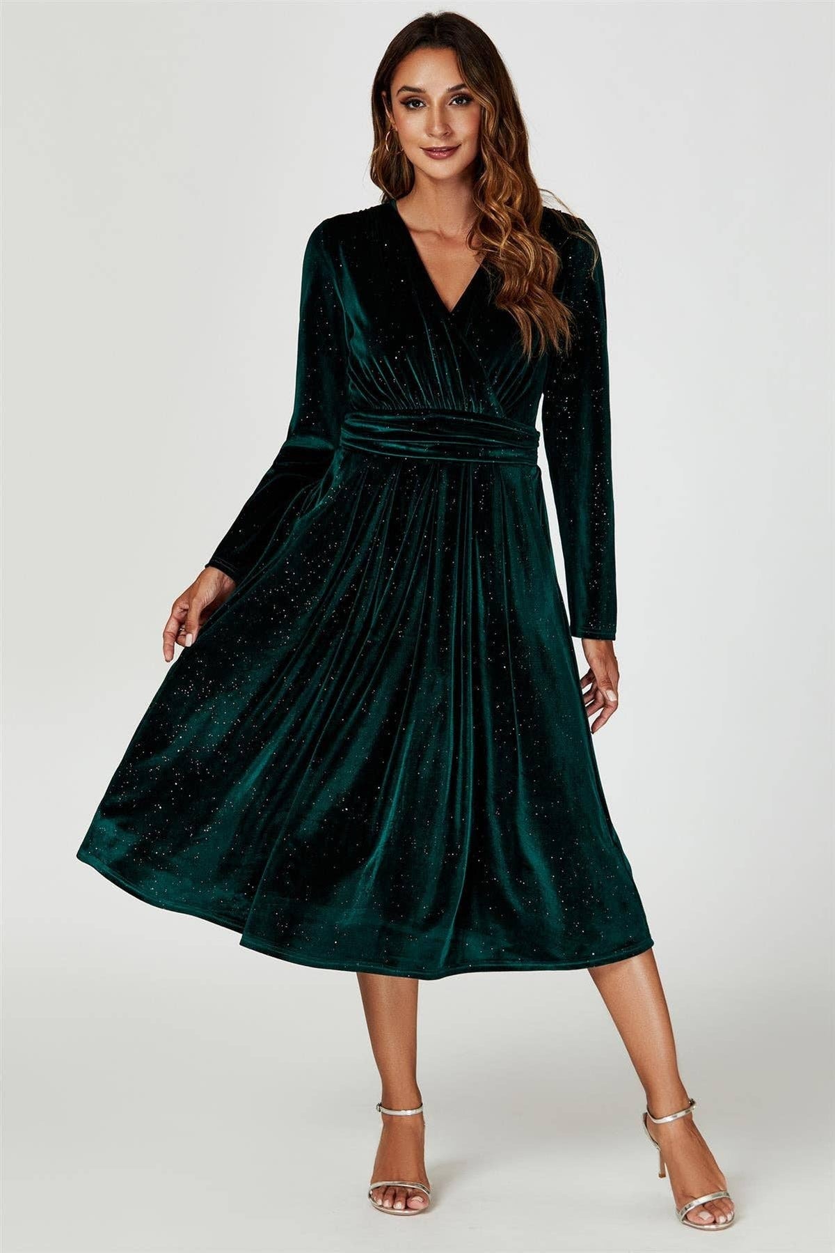 Silver Sparkly Velvet Wrap Top Midi Dress In Green
