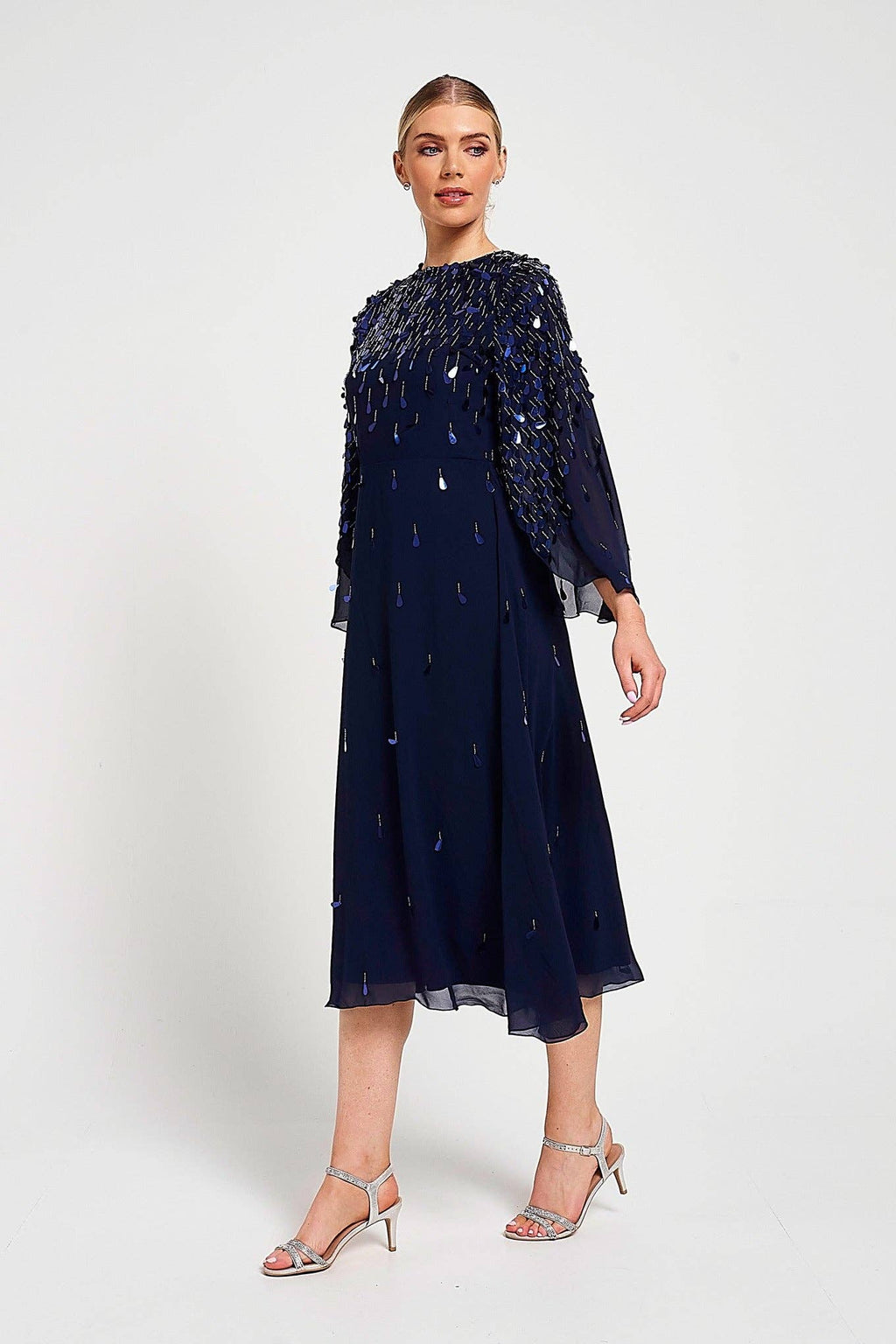 Annette Navy Embellished Cape Sleeve Midi Dress