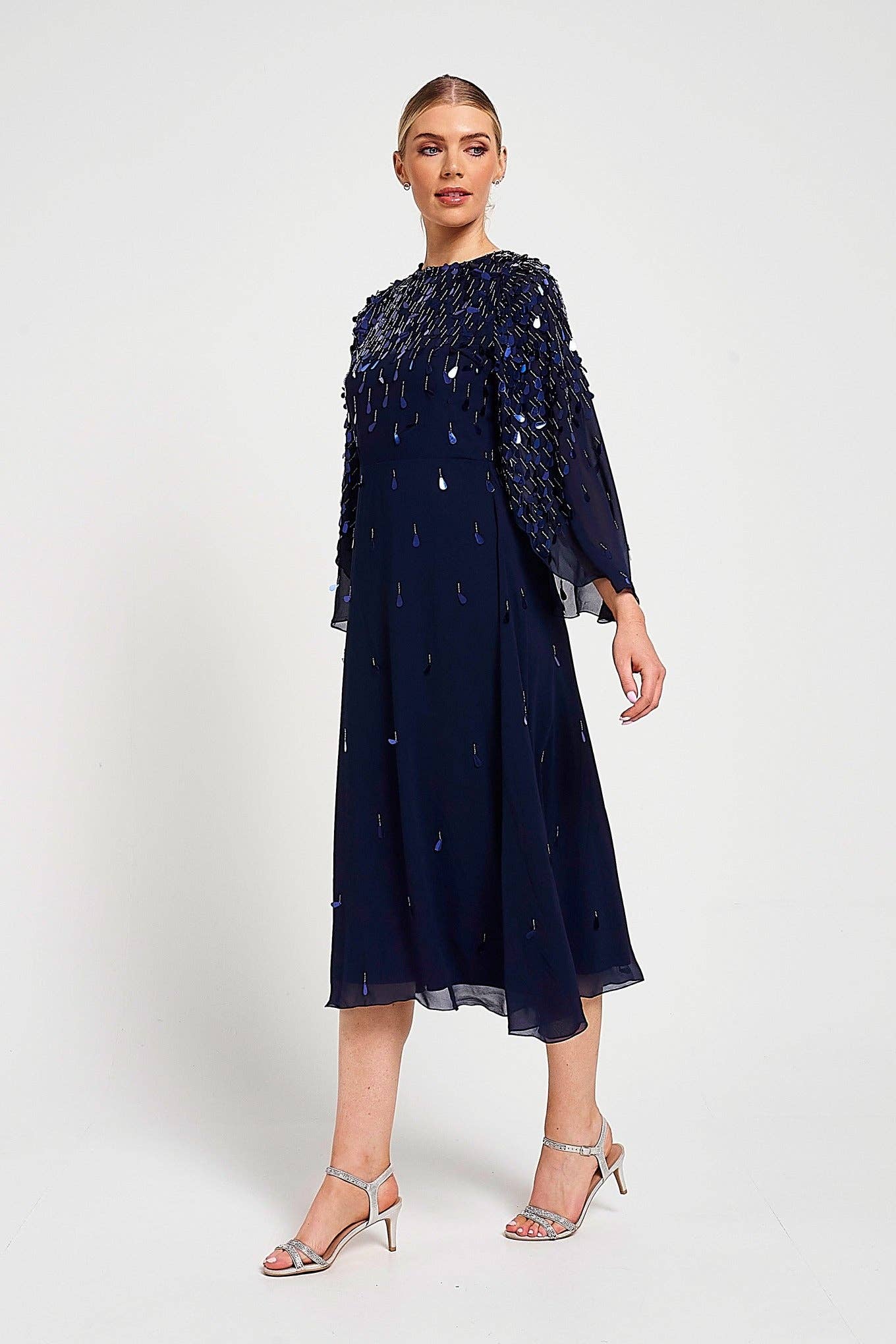 Annette Navy Embellished Cape Sleeve Midi Dress