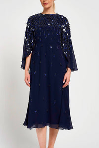 Annette Navy Embellished Cape Sleeve Midi Dress