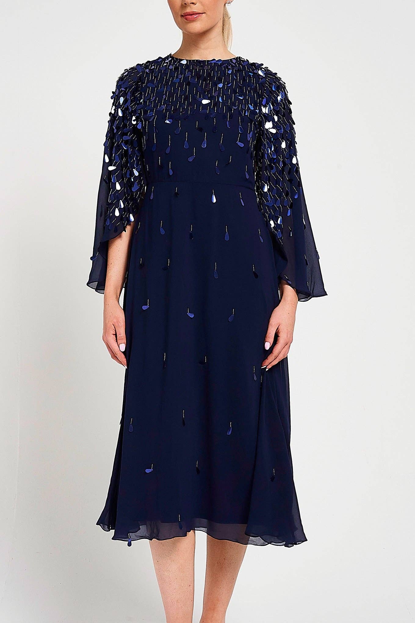 Annette Navy Embellished Cape Sleeve Midi Dress